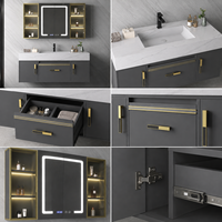 Meuble-lavabo mural gris moderne avec vasque et miroir LED, armoire de salle de bain avec rangement en verre pour projets hôteliers