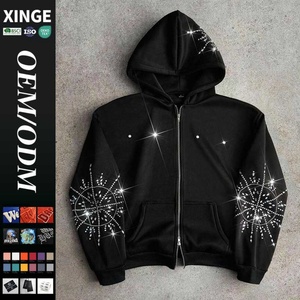 Sudadera con capucha y cremallera para hombre, con estampado gráfico de pedrería personalizado, corte holgado, estilo streetwear, vintage, lavado y desgastado, oversize, hombros caídos - Product Image 1