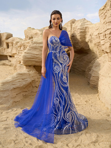 Vestido de Noche Largo de Sirena para Mujer, Color Azul Zafiro, Hombros Descubiertos, Lentejuelas Bordadas, Malla Superpuesta, Corte Ajustado, con Cola de Corte - Product Image 5