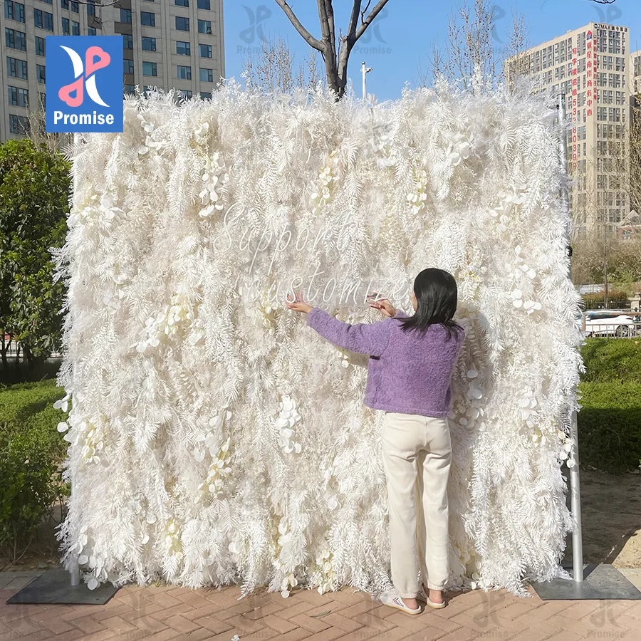 वादा सस्ते सजावटी शादी की सजावट 3D सफेद कृत्रिम रोल अप पम्पास घास फूल दीवार पैनल पृष्ठभूमि