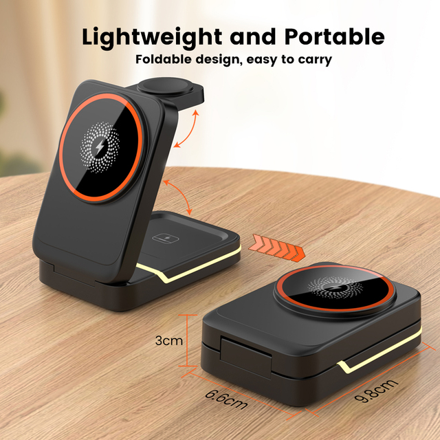 2026 Travel Wireless Charger  3-in-1 15W Fast Charging Magnet Wireless Charger Night Stand Station with LED Light