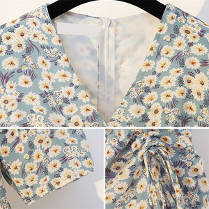 Vestido floral de verano caliente para mujer Nuevo estilo retro francés Tela wosted ecológica decorada con botones de encaje Diamantes - Product Image 6