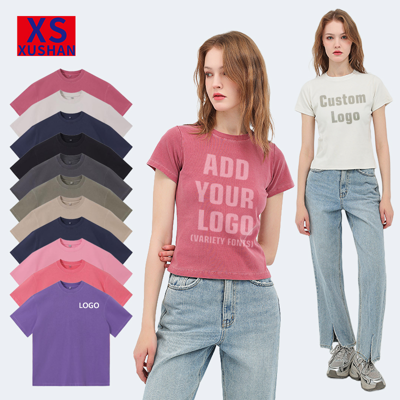 Customized Logo Nickel-colored Dyeing Korean Retro-style Women's Summer T-shirt High-end Round-neck Short-sleeved Slim Fit