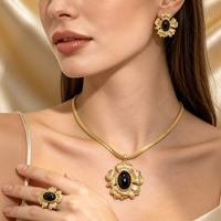 Ensemble de bijoux pour femmes en or mat rétro élégant et noble avec incrustation d'onyx noir en forme de larme, 3 pièces