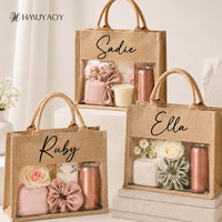 Sac fourre-tout en jute personnalisé avec fenêtre transparente en PVC, fermeture éclair rustique en toile de jute, portable pour cadeaux de mariage de demoiselles d'honneur