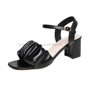 New Arrival Pleated Thick Heel Strap <b>Sandals</b> for Women Summer Plus Size Square Toe Open Toe Fashion High Heel <b>Sandals</b> - Product Image 5