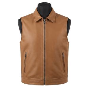 Chaleco de Motociclista para Hombre, de Cuero PU Color Bronceado, Transpirable, Casual, con Cuello Camisero, Cierre de Cremallera Frontal, Sin Mangas, de Poliéster - Product Image 1