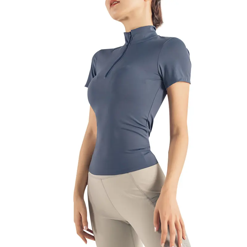 Cremallera de cuello alto camiseta deportes Yoga Tops de Nylon de alta calidad deportiva y ropa de Yoga OEM y ODM aceptado