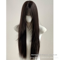 Perruque japonaise coréenne en tissu synthétique noir pour femme, cheveux longs et raides, avec simulation de cuir chevelu, franges naturelles et volumineuses, couvre-tête complet raffiné, fabriquée à la machine
