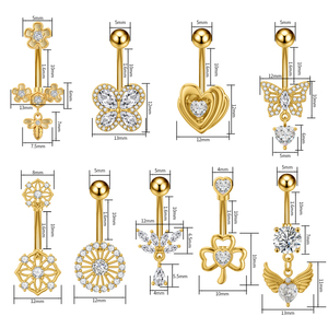 10 unids/set de acero inoxidable 14G <span class=keywords><strong>Piercing</strong></span> para ombligo, gemas dobles, anillos para ombligo de acero quirúrgico dorado, Piercings para ombligo para mujer - Product Image 2