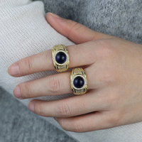 Auf Lager Breite vergoldete Frauen Männer Ring Prow Einstellung Klar Mini CZ Um einen großen blauen Emaille Stein Ring Klassischer Schmuck Set