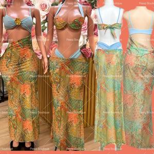 Peeqi Sommer Frauen Sexy Camisole Patchwork Print Langer Wickel rock Kontrast farbe Rücken loses Kleid/3-teiliges Set Outfits Frauen