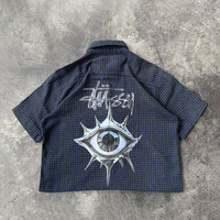 Kemeja Lengan Pendek Kancing Depan Gaya High Street Custom Digital Print Terlaris Model Crop Flanel Kotak-kotak untuk Pria