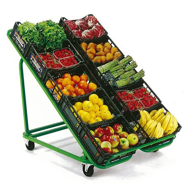 360 Grad bewegliche zusammen klappbare Obst und Gemüse Organizer Regal Supermarkt Display Racks mit Rädern