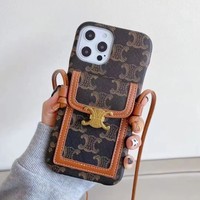 Étui de Téléphone en Cuir de Marque de Luxe avec Longue Sangle pour iPhone 16 15 14 13 12 Pro Max, Coque Populaire pour Femme avec Porte-Cartes