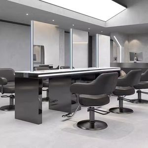 Modern Stainless Steel Double Sided Salon <b>Workstation</b> with LED Light Mirror Station for Professional Hair Salons - Product Image 3