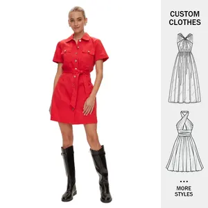 사용자 정의 폴리 에스테르 작업복 스타일 셔츠 칼라 짧은 소매 버튼 포켓 벨트 캐주얼 패션 데일리 여성 미니 드레스