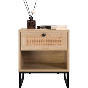 Birch Coastal Modern Side <b>Table</b> With Drawer Natural Wood Top Black Metal Legs - Product Image 1