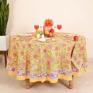<b>Round</b> Cotton <b>Tablecloth</b> Floral Pattern Yellow Pink Washable Party Use Modern Style Handmade Customized - Product Image 1