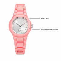 Montre pour femme aspect céramique rose, cadran argenté soleil, petite seconde, personnalisable, directement de l'usine