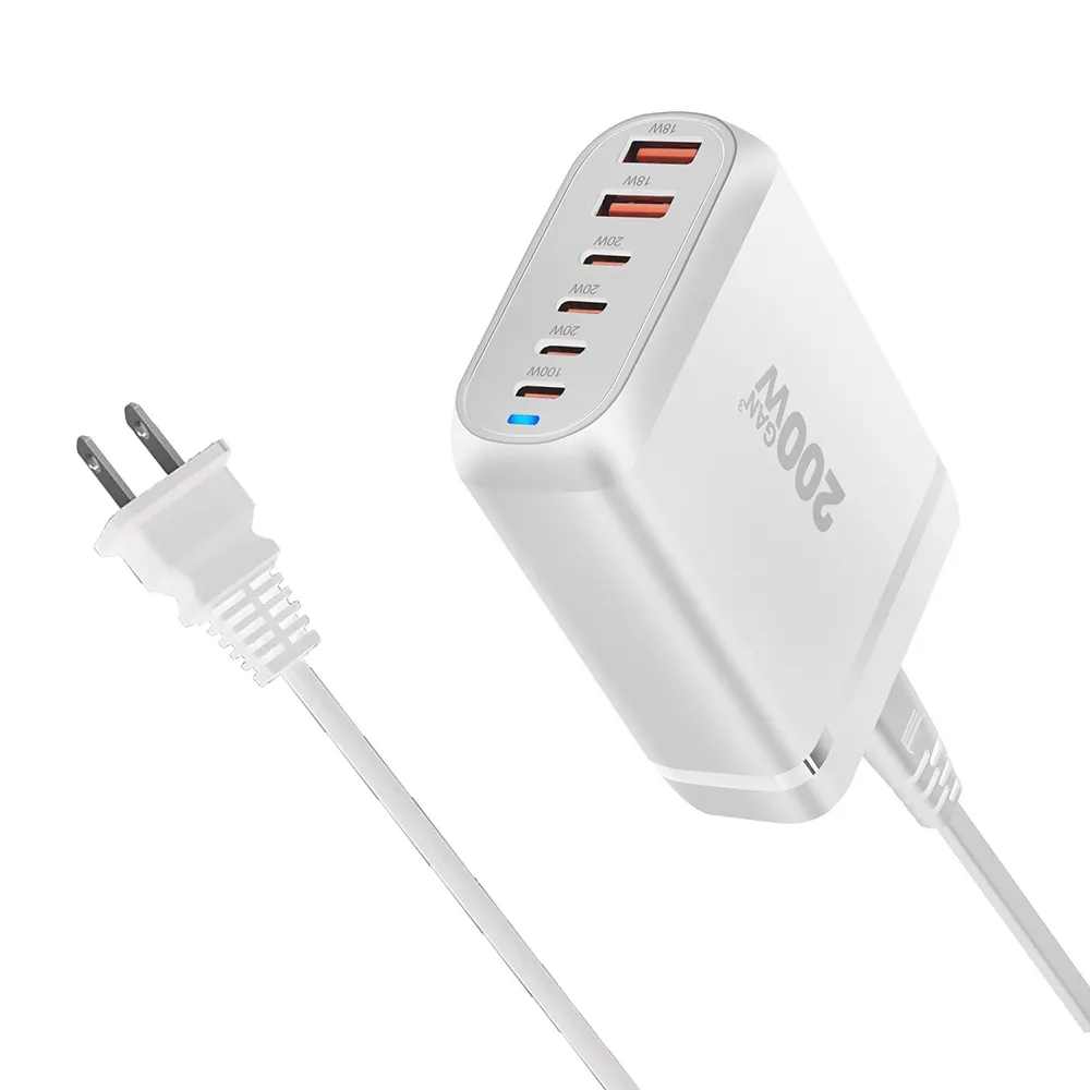 CE Rohs sertifikası 200W GaN PD Adepter şarj 4 port USB C 2 port 18W QC3.0 GaN hızlı şarj için masaüstü şarj cihazı