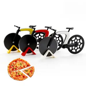 Kitchen Gadget Color Box Package Creative Bicycle Shaped Pancake Pizza Cutter Wheel Bike Stainless Steel Pizza Slicer With Stand