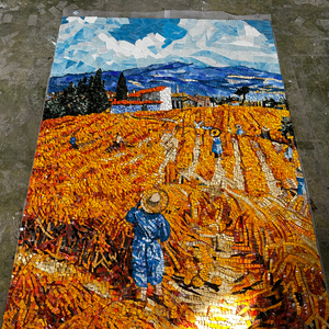 Carrelage personnalisé en mosaïque de seigle, puzzle, scène de récolte dorée murale faite à la main, mosaïque en verre bleu ciel, carrelage décoratif - Product Image 5