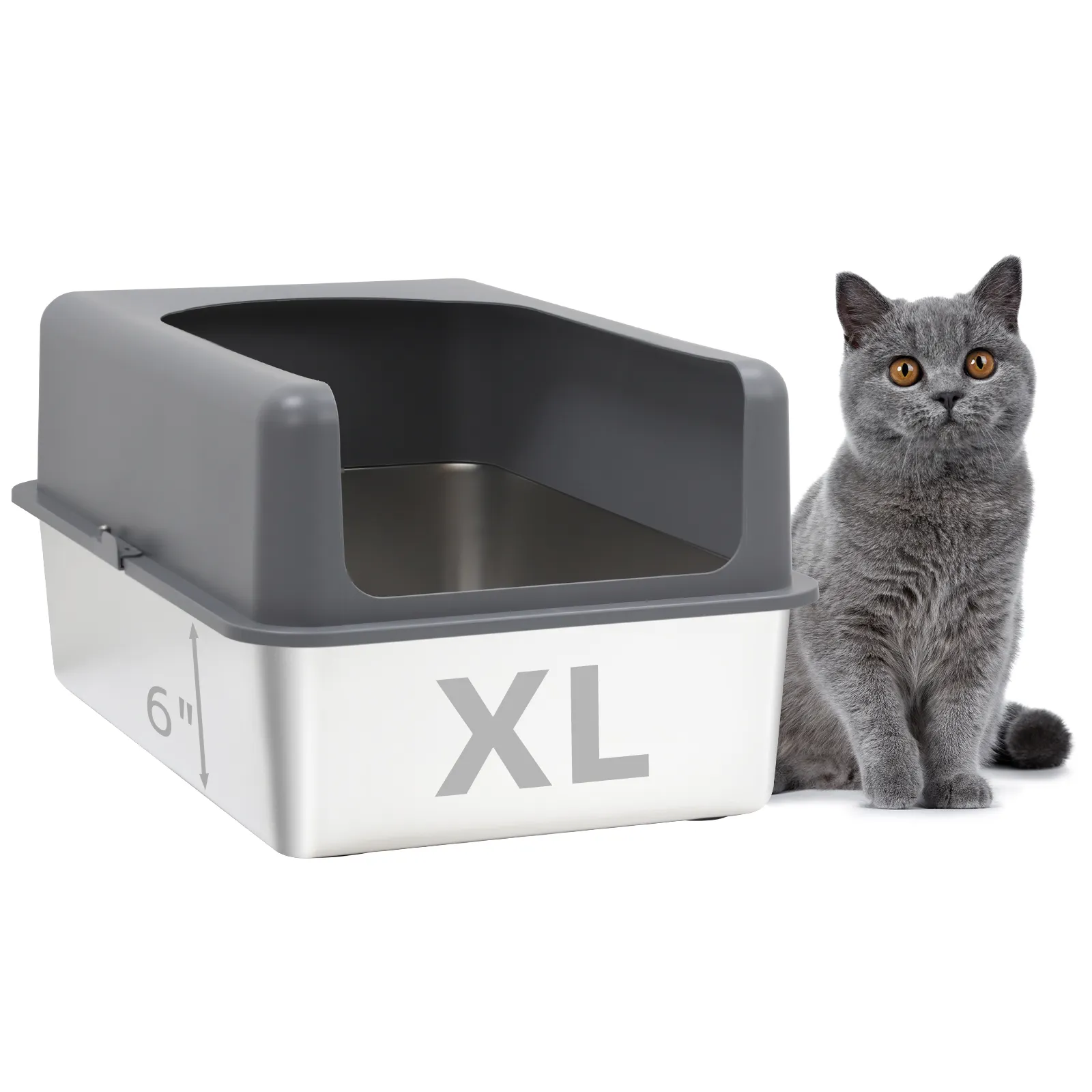 Caja de arena para gatos de acero inoxidable de lado alto, caja de arena de acero inoxidable con tapa, caja de arena Extra Grande (24 ''Lx16'' Wx6 ''H)