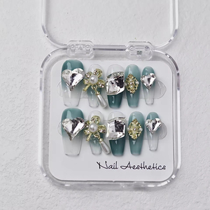 Cercueil court fait à la main ongles artificiels faits à la main presse sur les ongles <span class=keywords><strong>faux</strong></span> 3D acrylique DesignRhinestone luxe Long cercueil - Product Image 2