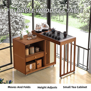 Meuble à thé pliable et mobile en panneaux de bois, hauteur réglable, avec table à thé intégrée - Combo pour villa, salon, hôtel, balcon - Product Image 2