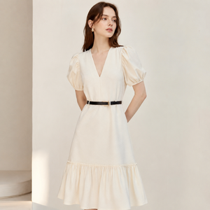 Wholesale V-Neck <b>Puff</b> Sleeve Midi Dress With Belt A-Line Casual Woven Solid Color Spring Dress - Product Image 4