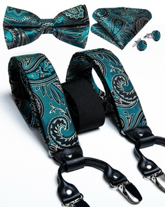Custom Men's Paisley Green Suspenders Y Back Adjustable <strong>Braces</strong> Bow Tie Hanky Cufflinks Set Leather PU Polyester Elastic <strong>Fabric</strong> - Product Image 2
