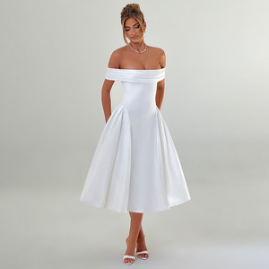 Vestido de Novia Midi con Hombros Descubiertos, Sin Tirantes, Corte en A, Color Sólido, Cintura Natural, Espalda Descubierta, Diseño Sencillo - Product Image 1