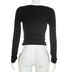 Viviblook J26TP282 Camiseta de Otoño para Mujer, Nueva con Encaje y Parches, Cuello en V, Corte Ajustado, Manga Larga, Estilo Casual, Top Corto para Damas - Product Image 5