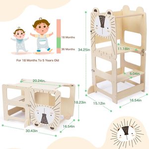 Trẻ Em 3-Trong-1 Có Thể Gập Lại Bàn Bằng Gỗ Ghế Đặt Chalkboard Tháp 18M + Trợ Giúp Trẻ Mới Biết Đi Học Tập Nhà Bếp Phân Đứng Bảng Tin Nhắn - Product Image 3