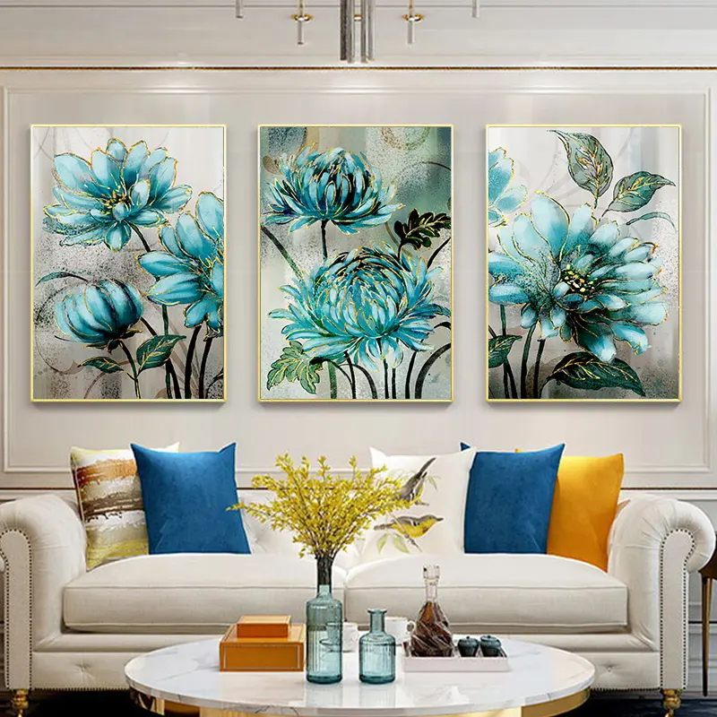 Blauwe Bloemen Gouden Kant Nobele Decoratieve Poster Modern Nordic Canvas Schilderij Decor Muur Kunst Foto 'S Voor Woonkamer