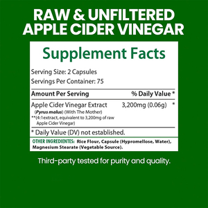 Cápsulas de Vinagre de Sidra de Manzana OEM con la Madre, 3200mg por Porción, Veganas, Sin OMG, Sin Gluten, 150 Cápsulas - Product Image 3