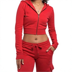 Sudadera Corta con Capucha Roja para Mujer, de Manga Larga, Tejida, con Cierre, Informal, de Invierno, Transpirable, de Poliéster, de Secado Rápido - Product Image 1