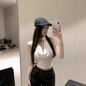 Khaki Halter Neck Camisole <b>Top</b> for Women Character Print Silk Cotton Breathable <b>Backless</b> Sleeveless England Style Bow Collar - Product Image 4