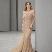 Robe de soirée sirène à sequins champagne, épaules dénudées, manches tombantes perlées, corset et traîne, pour soirée, fournisseur personnalisé, vente en gros