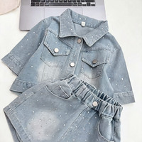 Tenues d'été pour adolescentes à la mode coréenne, haut en jean et short avec strass, ensembles de vêtements décontractés 2 pièces pour filles