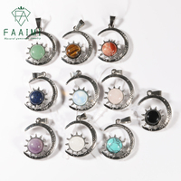 Collier Pendentif Lune en Pierre Naturelle, Bijoux en Pierres Précieuses : Améthyste, Quartz Rose, Œil de Tigre, Jaspe Rouge, Cristal, Pendentif Soleil