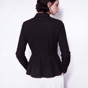 Chemisier noir à volants boutonné pour femme, manches longues, col classique, coupe ajustée, idéal pour le bureau - Product Image 5
