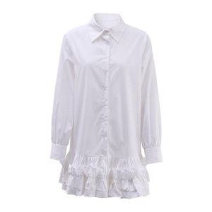 Vestido Camisero Blanco Antiestático de Otoño para Mujer <span class=keywords><strong>con</strong></span> Borde Ondulado, Ajuste Holgado, Abotonadura Sencilla y <span class=keywords><strong>Falda</strong></span> Corta - Product Image 5