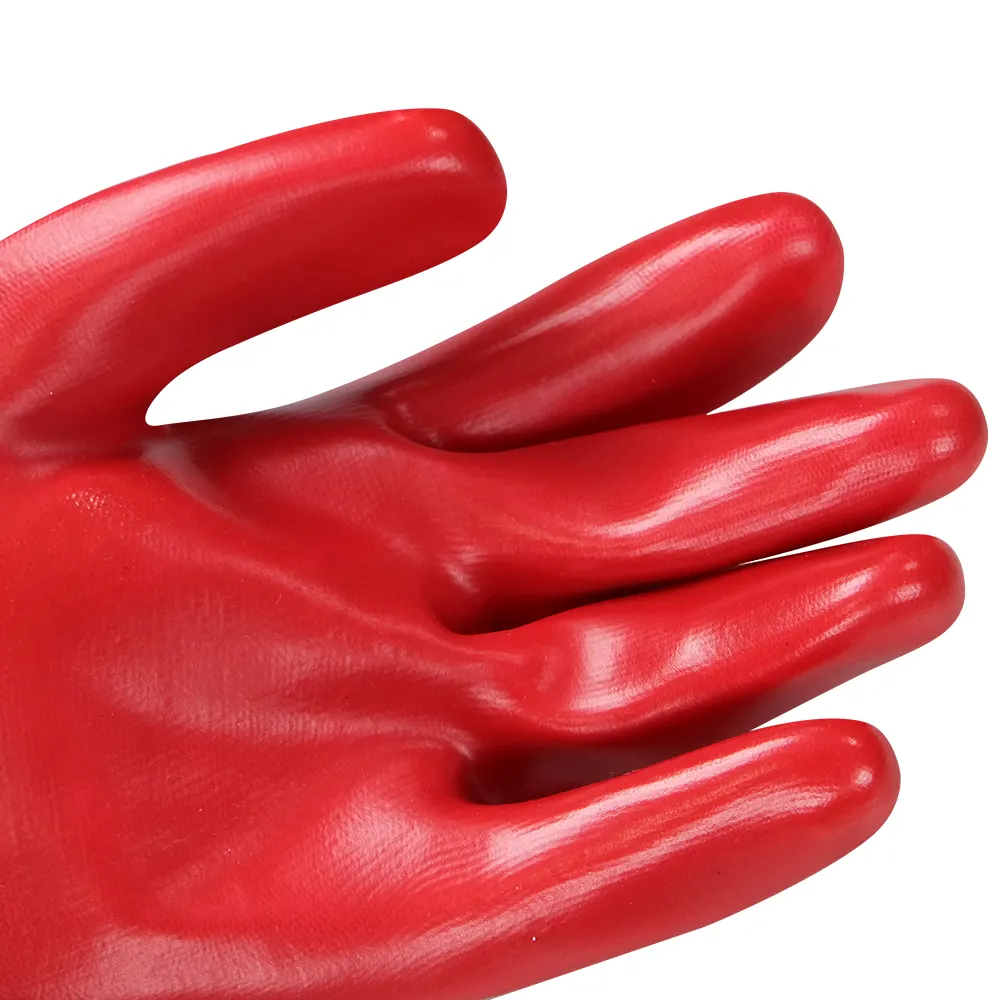 Grosir sarung tangan PVC merah lengan panjang sarung tangan kerja keselamatan pegangan Dip ganda tahan kimia asam minyak