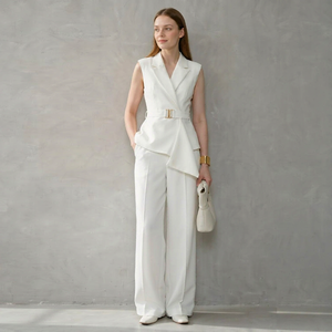 <b>Women</b> <b>White</b> Sleeveless Business <b>Suit</b> Set Asymmetric Hem Belt Wide Leg <b>Trousers</b> Two Piece Elegant Office Formal <b>Suit</b> For Ladies - Product Image 2