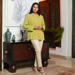 Wholesale Elegant Fashion Apparel Gathered Long Sleeve Chinese Collar Embroidery <b>Top</b> - Product Image 4