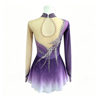 Robe de patinage artistique dégradé violet, col montant, manches longues, jupe à strass scintillants pour enfants et adultes, compétition et performance