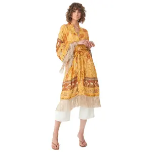 Vestido de cafetã com borla, vestido cafetã feminino estampado de poliéster kaftan