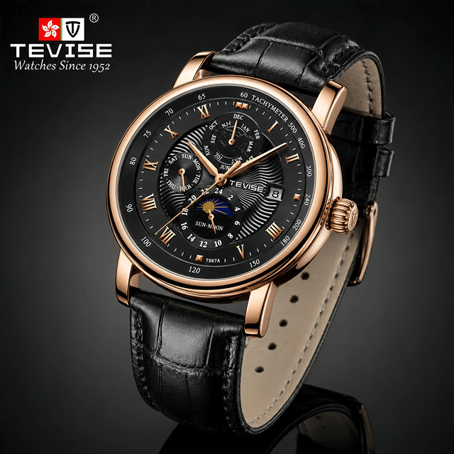 TEVISE Luxury Men's Stainless Steel Automatic Watch Mechanical with 45mm Dial Leather Strap Waterproof Montre De Luxe